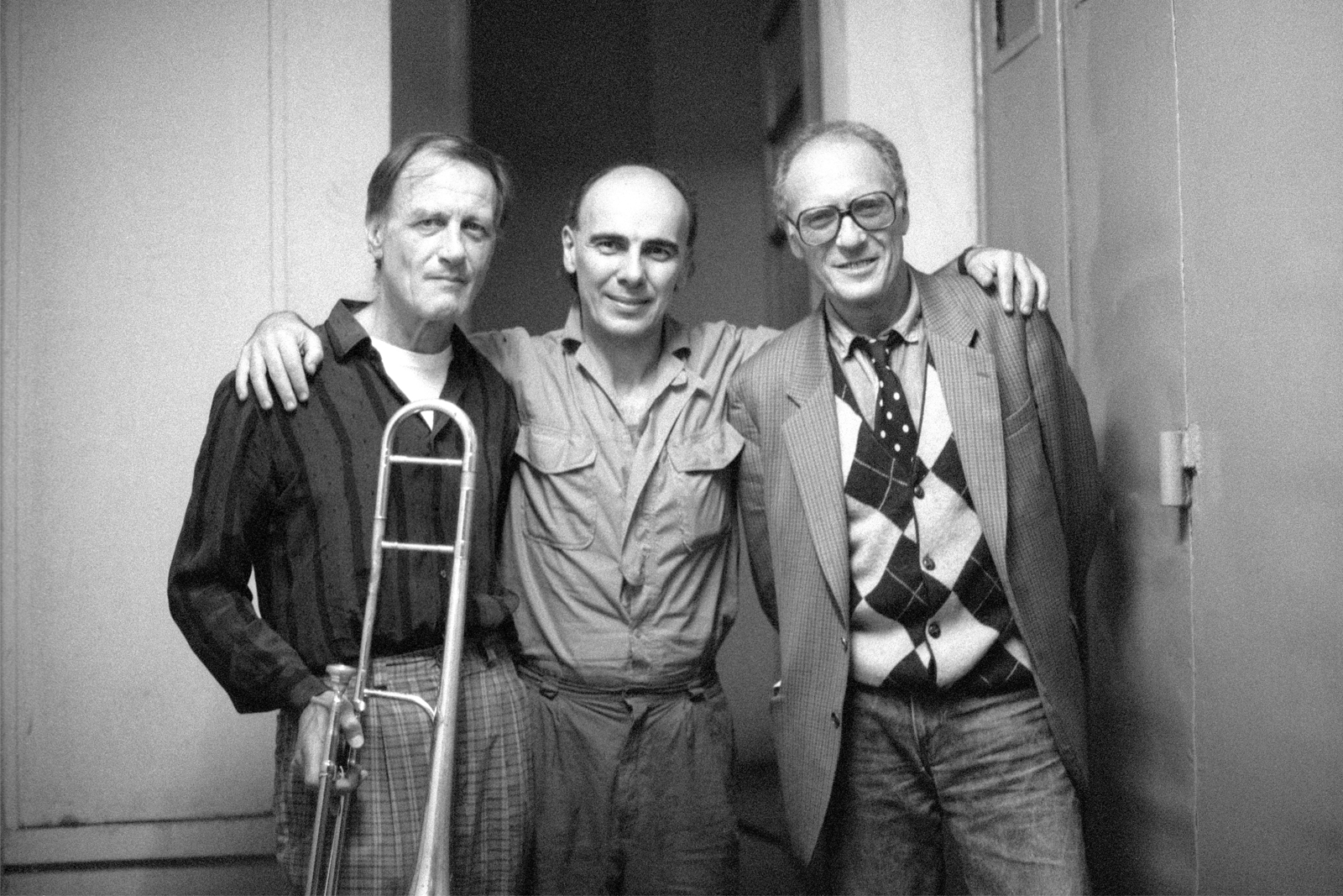 Albert Mangelsdorff, Emin Fındıkoğlu, Mike Zwerin, 1985 (Fotoğraf: Merih Akoğul)